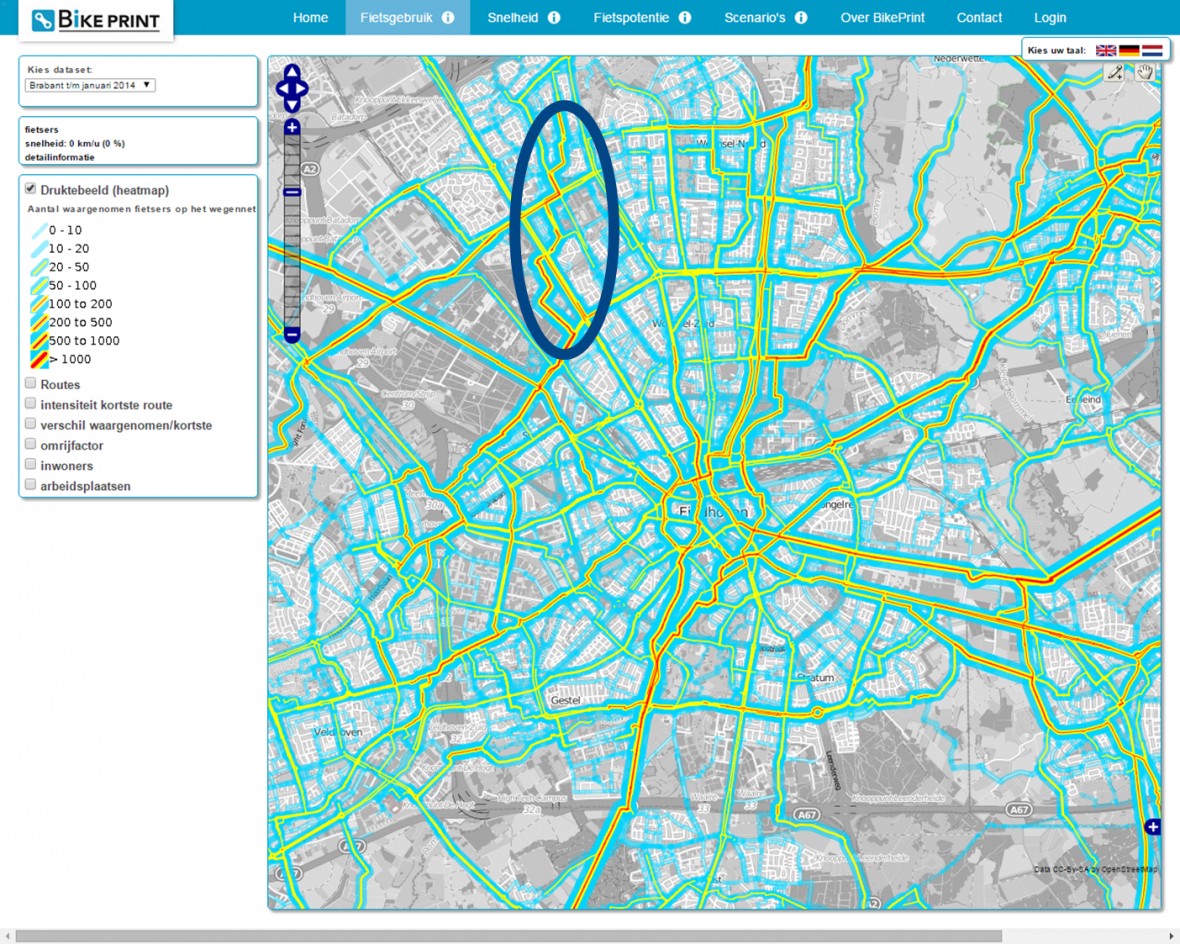 Figure 2-zigzag route Nutzungsdichte von Radwegen. Die farbigen Linien markieren Radwege, der stärkste Verkehr wird in Rot angezeigt. Die eingekreiste Fläche zeigt eine Zickzack-Route durch Seitenstraßen, die stärker frequentiert wird als der Radweg entlang den Hauptstraßen. (c) Dirk Bussche
