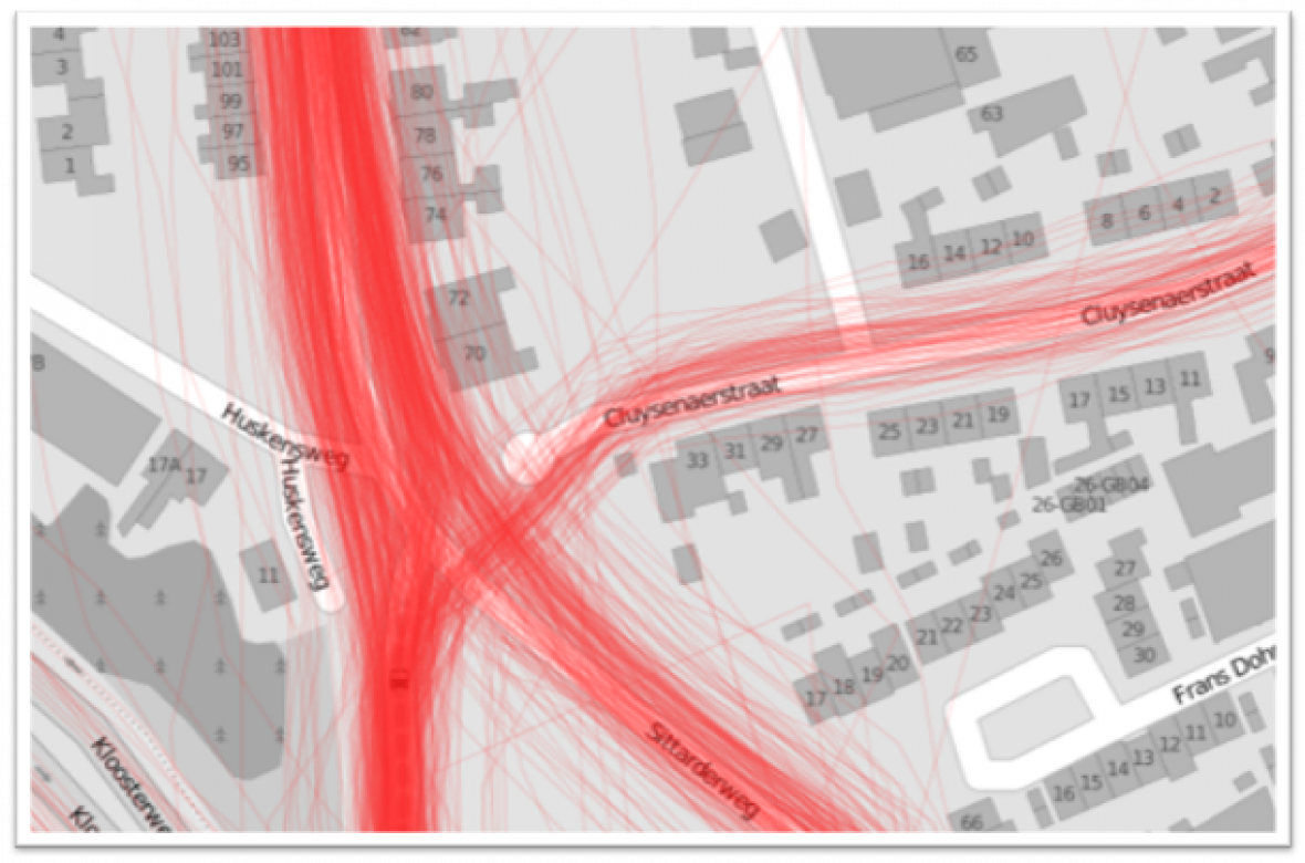 Figure 3-dead end connection Radwege (in Rot) in einer niederländischen Stadt. Wie aus dem Straßenplan ersichtlich, nutzen viele Radfahrer eine Route, die aus einer Sackgasse herausführt und diese mit nahegelegenen Straßen verbindet. Diese Verbindung ist kein Teil der existierenden Infrastruktur. (c) Dirk Bussche